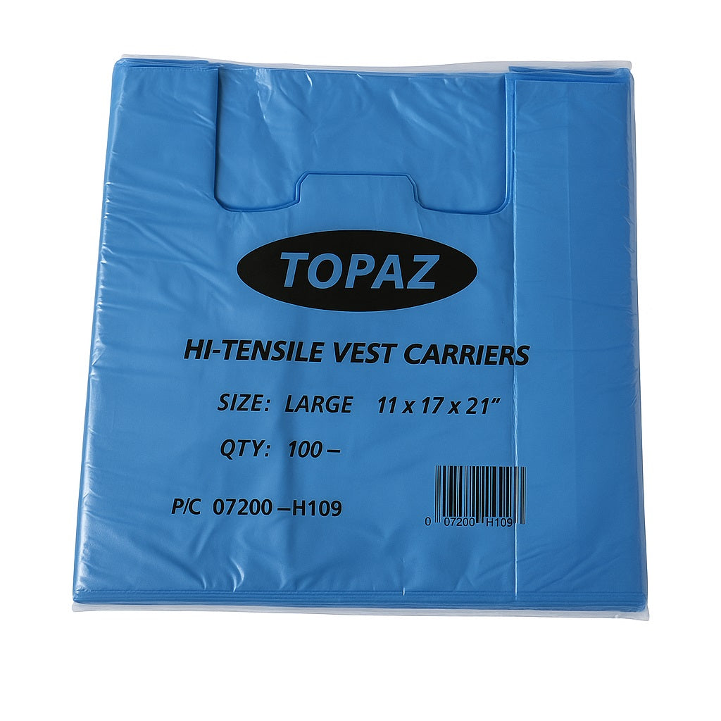 Topaz Hi-Tensile Vest Carrier Bags Blue Large 11-Inch x 17-Inch x 21-Inch Pack of 100 07270-HI09