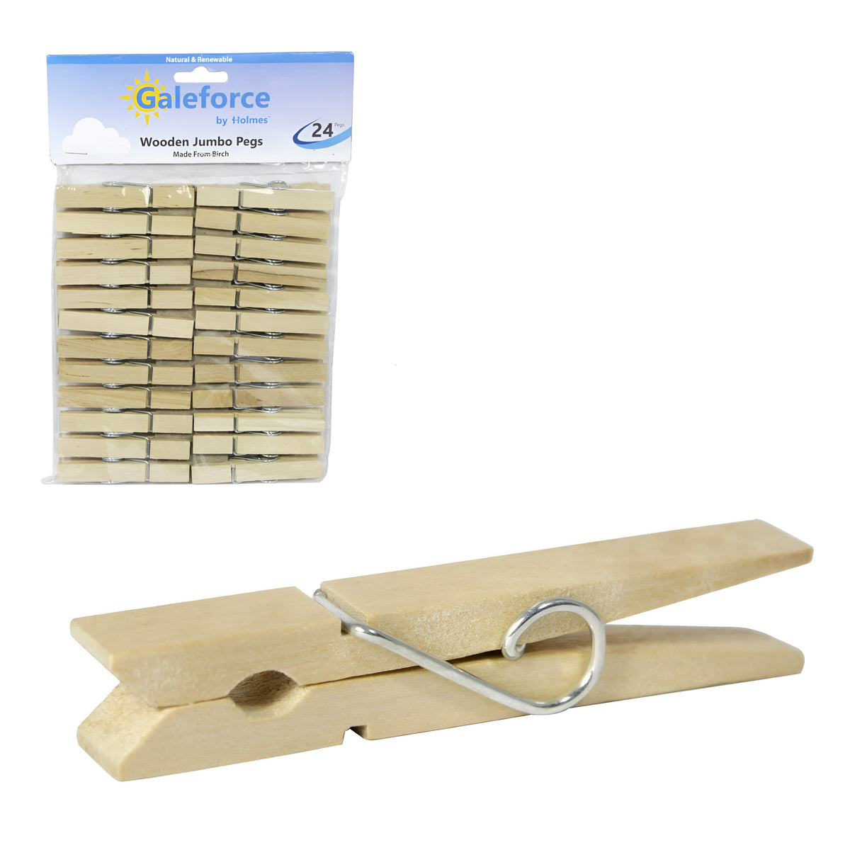 Galeforce by Holmes Wooden Jumbo Pegs Beige Pack of 24 RD7324 | Made from Birch | Extra Strong