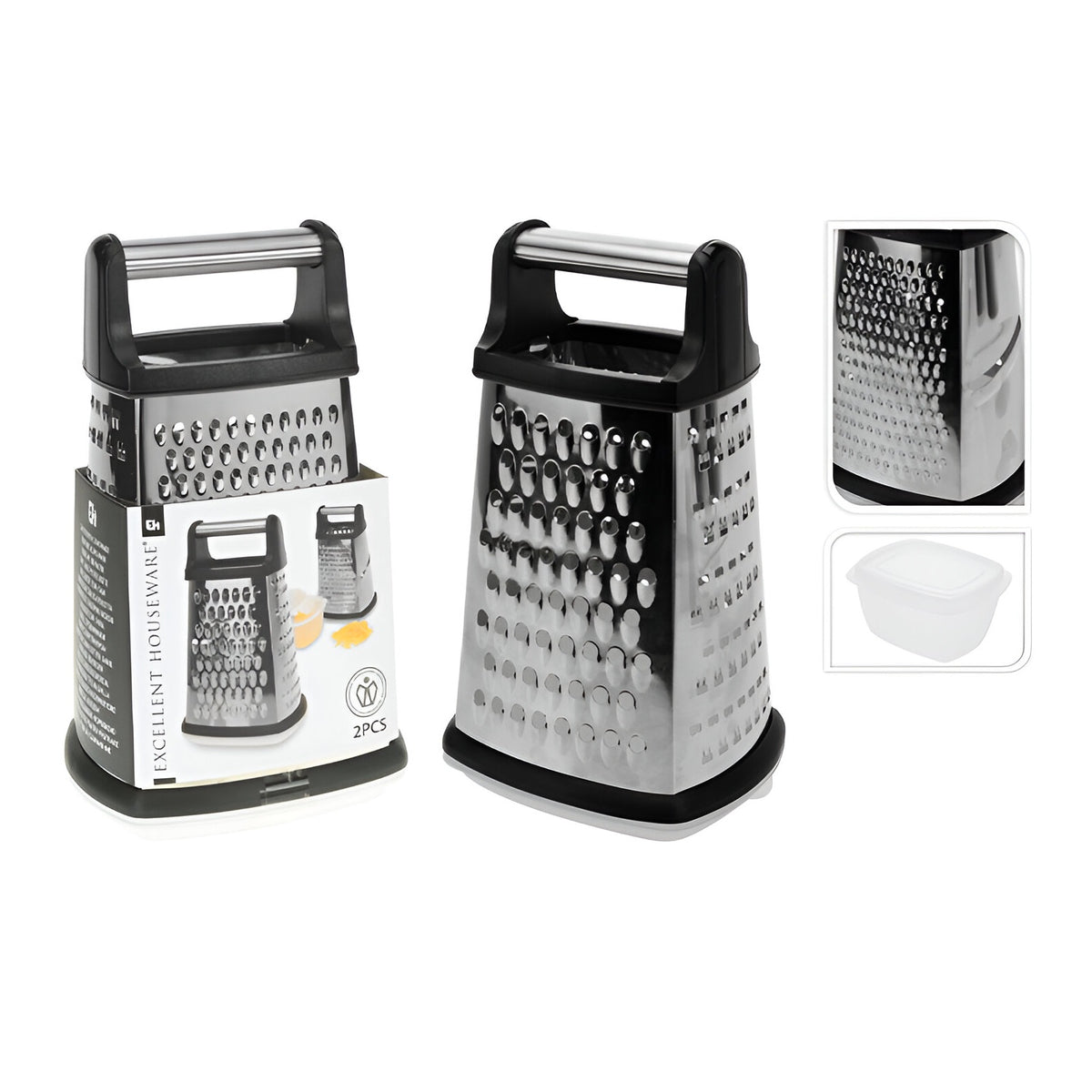 Excellent Houseware Stainless Steel Grater with Lid Container Silver and Black Pack of 2 170458320
