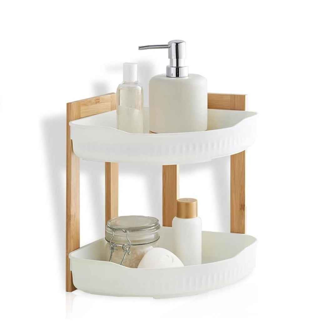 Bathroom Solutions 2-Tier Bathroom Rack White 24cm x 24cm x 27cm 170491870 | Bamboo and Plastic Storage Organizer | For Toiletries-Lotions and Essentials | Compact Shower Shelf