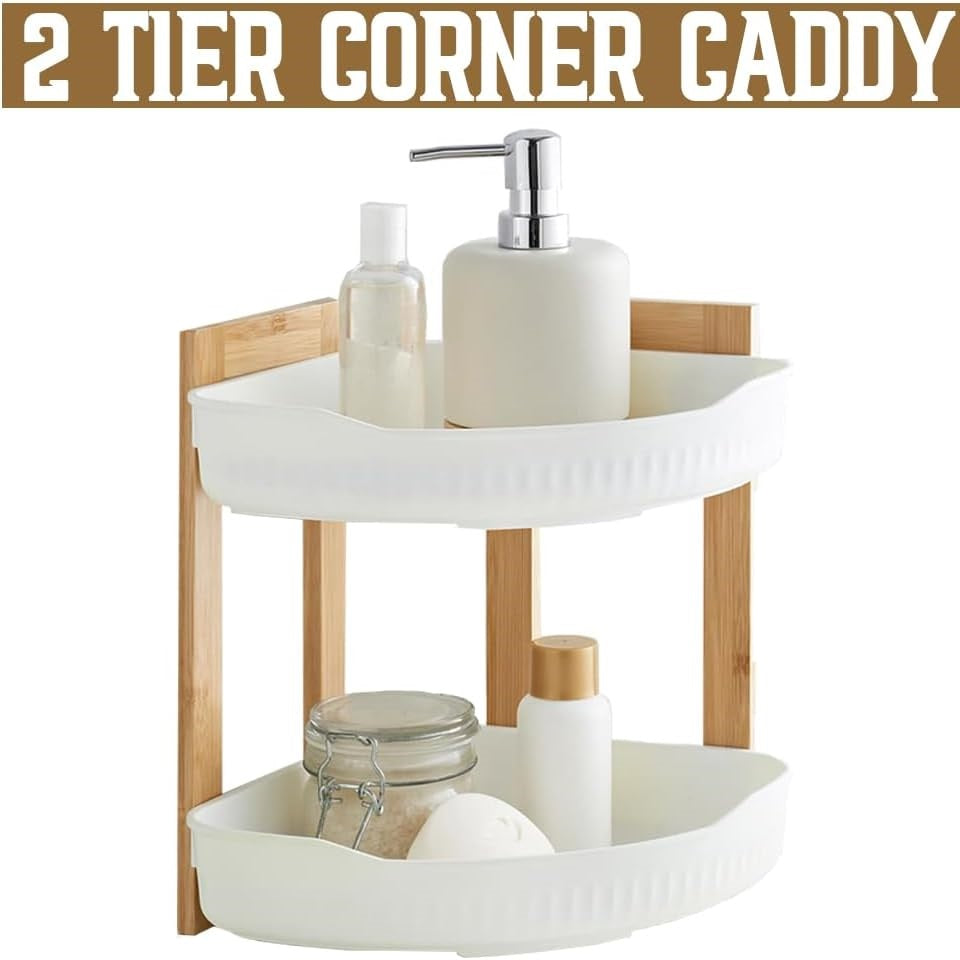 Bathroom Solutions 2-Tier Bathroom Rack White 24cm x 24cm x 27cm 170491870 | Bamboo and Plastic Storage Organizer | For Toiletries-Lotions and Essentials | Compact Shower Shelf