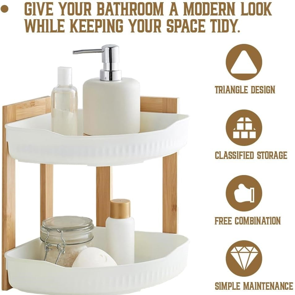 Bathroom Solutions 2-Tier Bathroom Rack White 24cm x 24cm x 27cm 170491870 | Bamboo and Plastic Storage Organizer | For Toiletries-Lotions and Essentials | Compact Shower Shelf