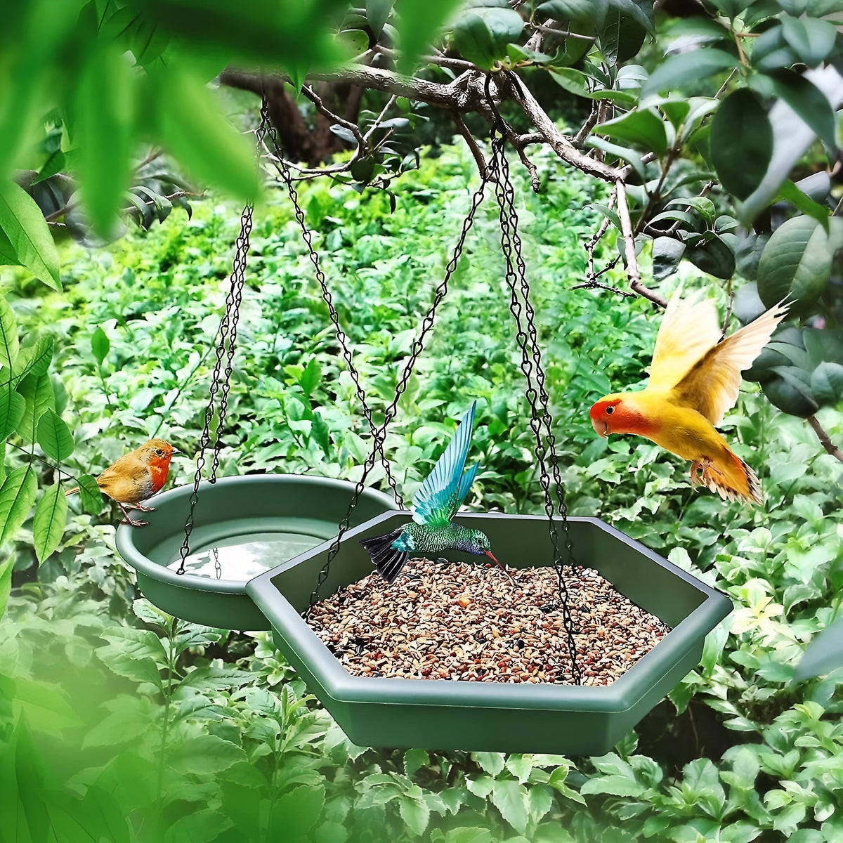 Redwood Leisure 2 in 1 Bird Feeder and Bath Navy Green BF128 | Easy to Hang and Refill