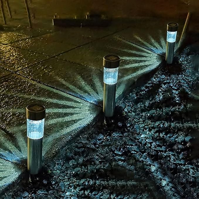 SuperBright Stainless Steel Solar LED Bollard Light Silver 6cm x 27cm DT3000320 | Brushed Stainless Steel Finish | Modern Outdoor Pathway Garden Lamp | Warm White Lighting | Weatherproof with Ribbed Glass Lens