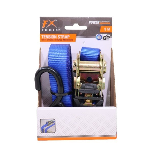 FX Tools Power Equipment Tension Strap with Ratchet Buckle and Hooks Blue 5Mtr C22000760 | Heavy Duty Tie Down Strap | For Securing Cargo-Luggage-Trailers and Equipment