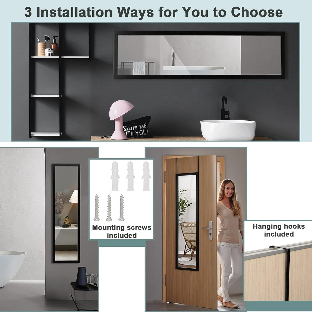 Trends 4 You Full Length Over Door Mirror with Frame Black 34cm x 94cm FL2100710 | Hanging Dressing Mirror | For Bedroom-Bathroom or Closet | Space-Saving Design | Easy Installation