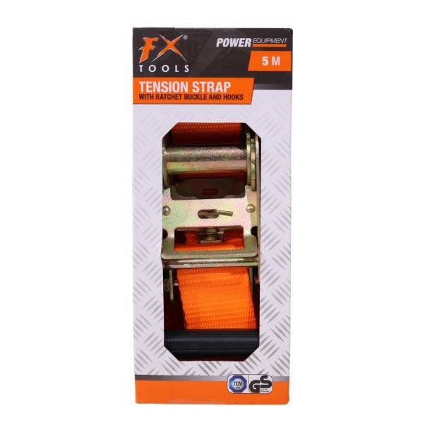 FX Tools Power Equipment Tension Strap with Ratchet Buckle and Hooks Orange 5Mtr C22000770 | Heavy Duty Tie Down Strap | For Securing Cargo-Luggage-Trailers and Equipment