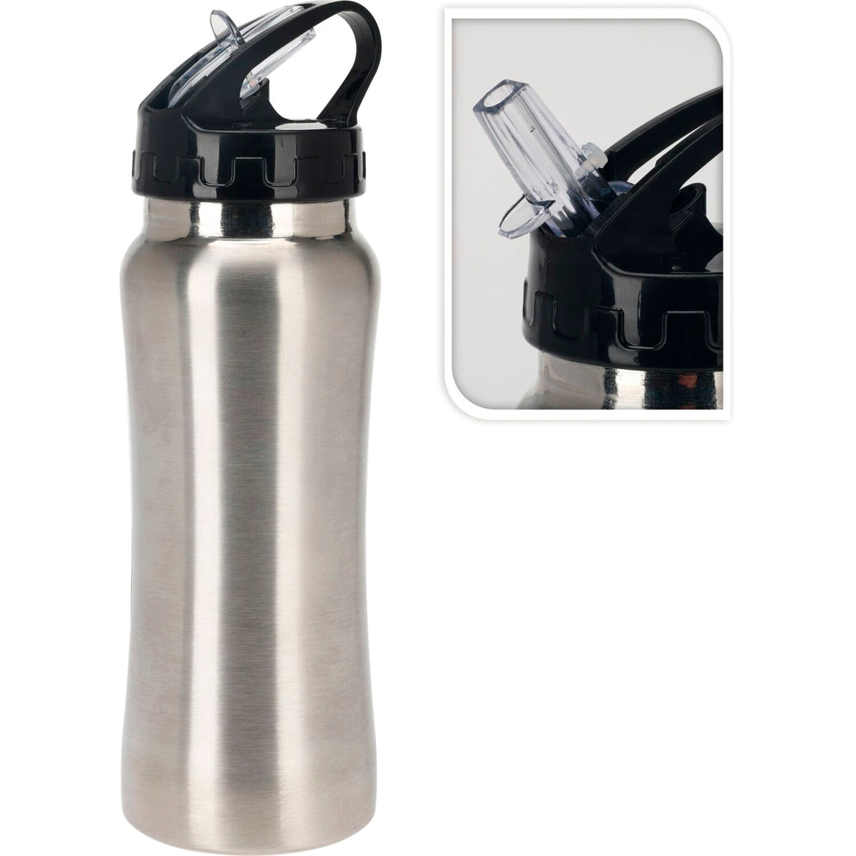 Excellent Houseware Stainless Steel Water Bottle with Black Lid Silver 500ml 997100480 | Leakproof Sports Bottle | BPA-Free