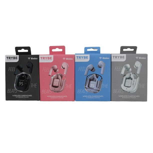 TRYBE Wireless Earphones with LED Charging Case Assorted Colours 4cm x 4.8cm x 2.8cm Pack of 1 109500760 | Bluetooth Earbuds with Digital Display | Transmission Distance - 10Mtr | With 10mm Speaker | USB-C Charging Port | Standby Time - 75Hrs | Play Time