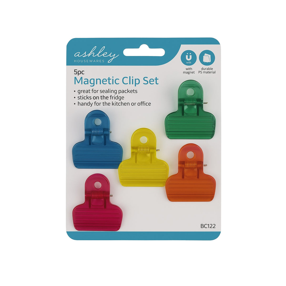 Ashley Housewares Magnetic Clip Set Assorted Colours Pack of 5 BC122 | Great for Sealing Packets | Sticks into the Fridge | Handy for the Kitchen or Office | Durable PS Material