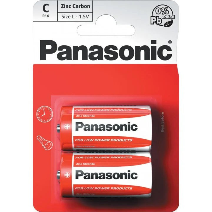 Panasonic C Size Zinc Carbon 1.5V R14 Batteries Red Pack of 2 | For Low Power Devices | Long Shelf Life