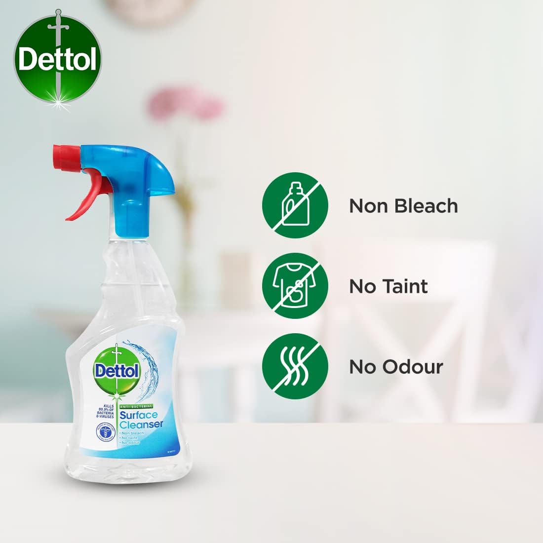Dettol Anti-Bacterial Surface Cleanser Spray Clear 500ml | Non-Bleach | No Tain | No Odour | Household Disinfectant Cleaner