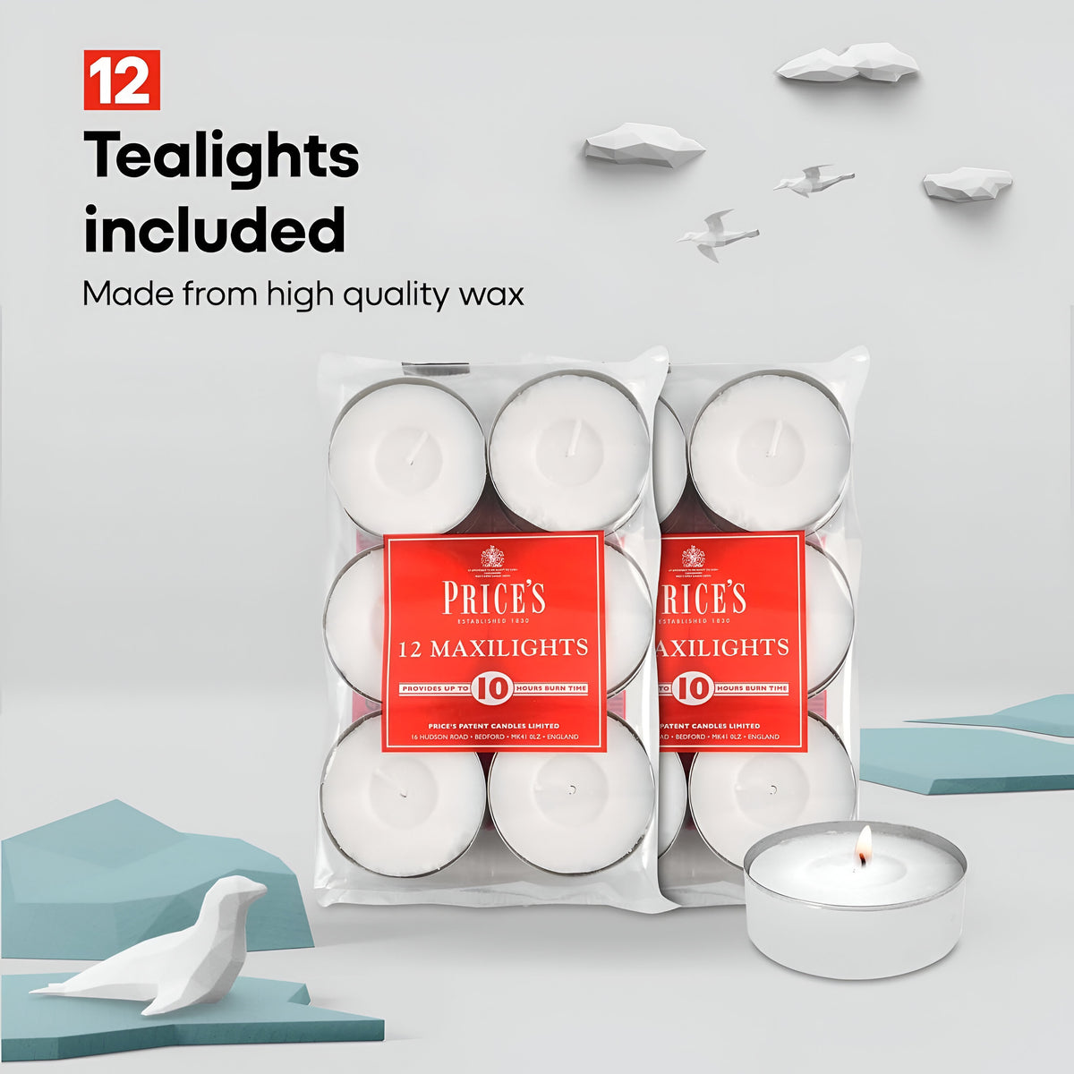 Prices Maxi Lights Candle Set White H2cm x D6cm Pack of 12 TEM121228 | Up to 10 Hours Burn Time
