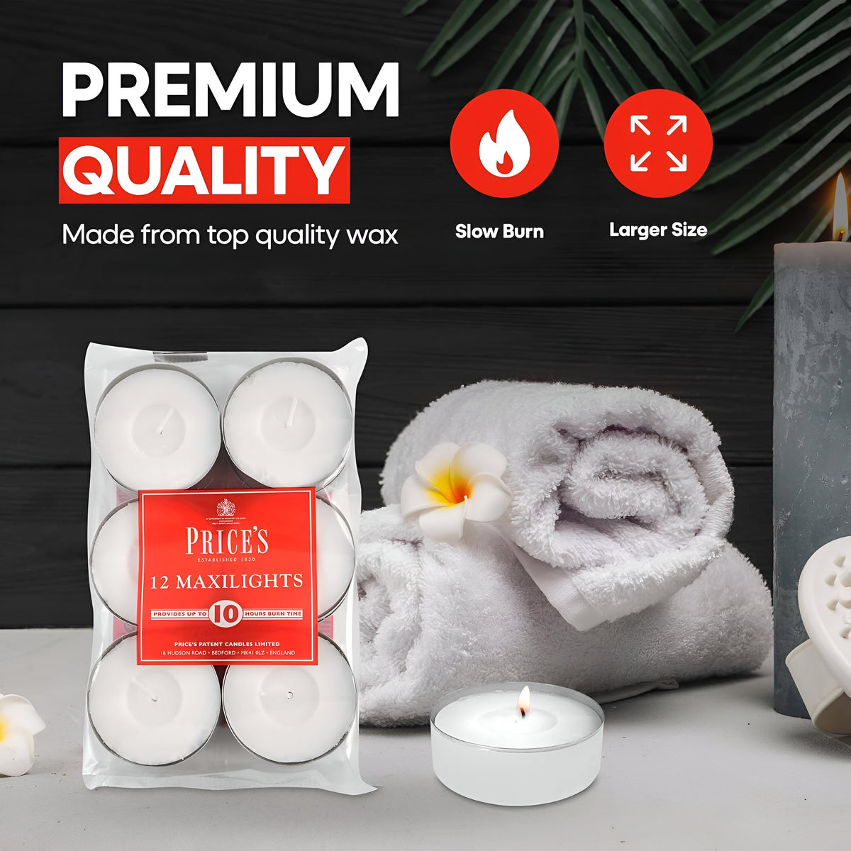 Prices Maxi Lights Candle Set White H2cm x D6cm Pack of 12 TEM121228 | Up to 10 Hours Burn Time
