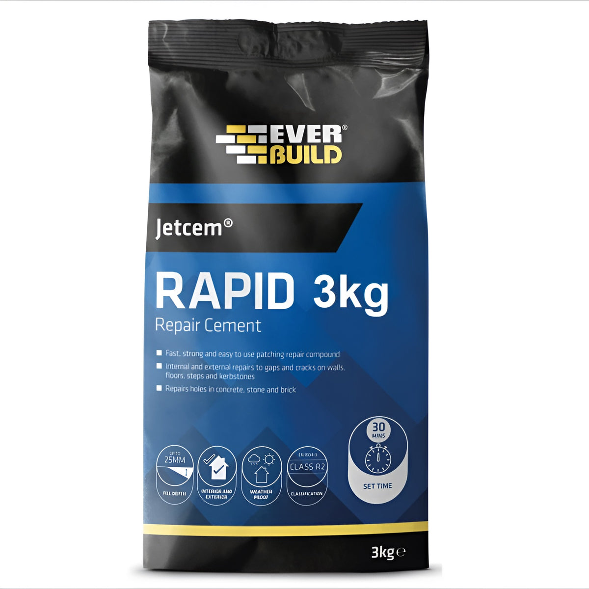 Everbuild Jetcem Rapid Repair Cement Grey 3kg JETCEM3 | Fast - Strong and Easy to Use | Internal and External Repairs to Gaps and Cracks on Walls - Floors - Steps and Kerbstones | Repairs Holes in Concrete - Stone and Brick | Up to 25mm Fill Depth | Weather Proof