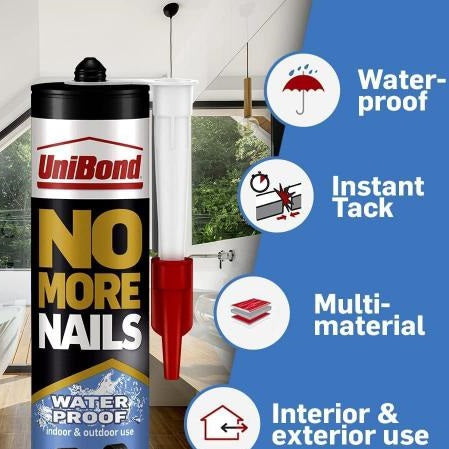 UniBond No More Nails Waterproof Adhesive Cartridge White 300ml 2675535 | Grab Glue for Interior and Exterior Use