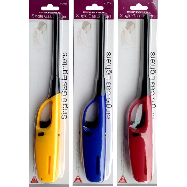 Prima Single Refillable Gas Lighter with Safety Lock Assorted Colour Pack of 1 41203C | Long Nozzle Fire Lighter | Lighter for BBQ-Candles-Fireplaces and Gas Stoves