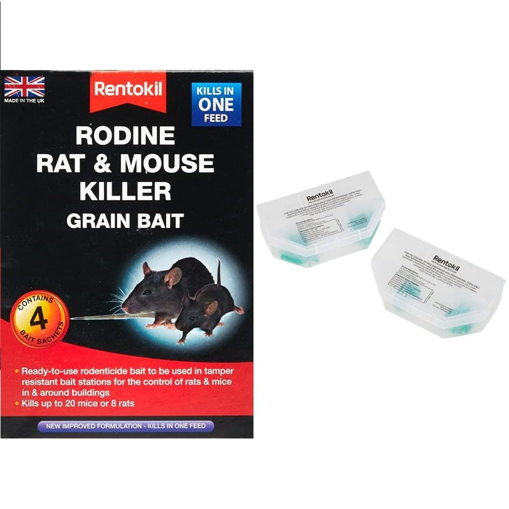 Rentokil Rodine Rat and Mouse Killer Grain Bait Black Pack of 4 PSMR12B | Ready to Use Rodenticide | Fast-Acting Rodent Control | Kills in One Feed | For Indoor and Outdoor Use