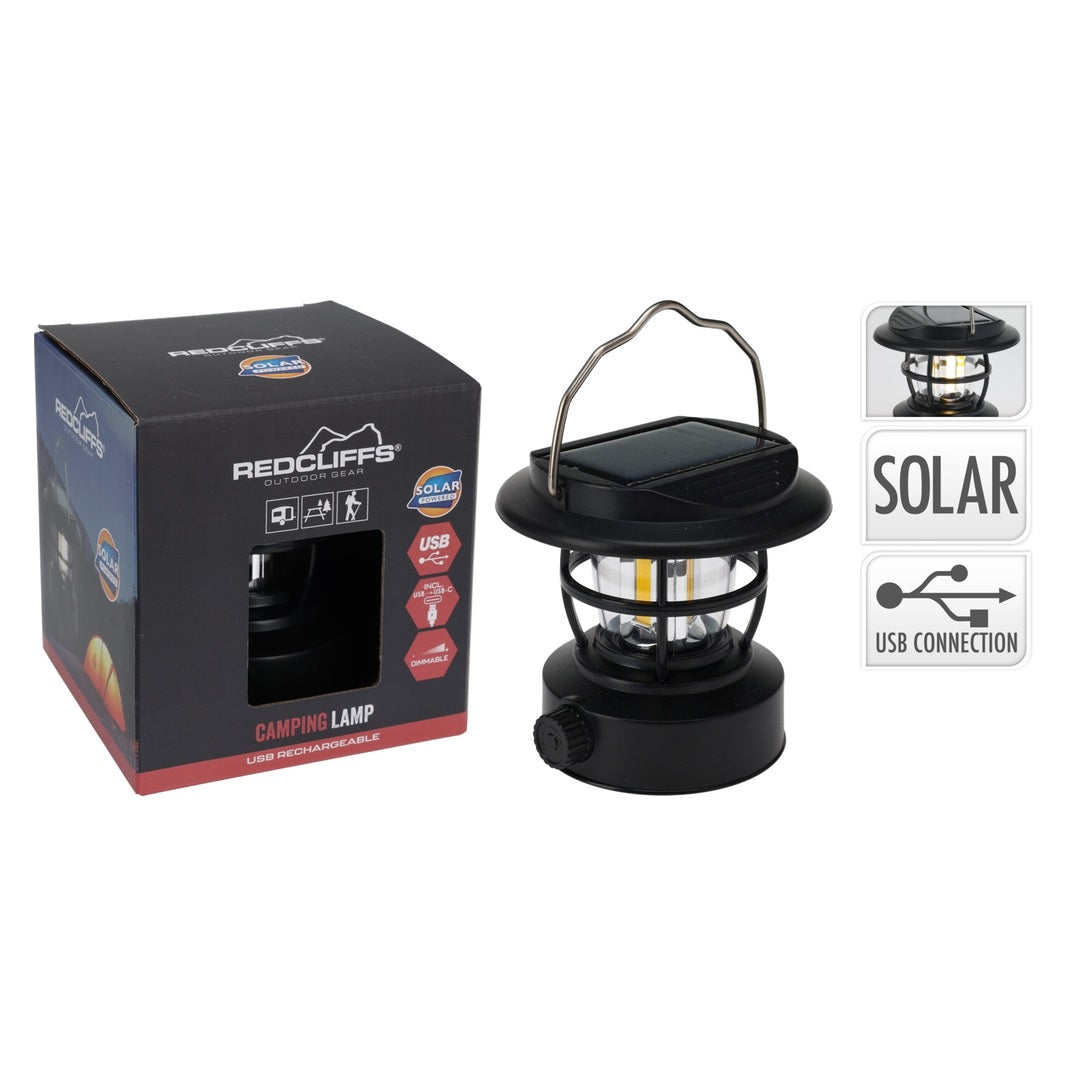 Redcliffs USB Rechargeable COB LED Dimmable Camping Lamp Black C22005060 | Solar Powered