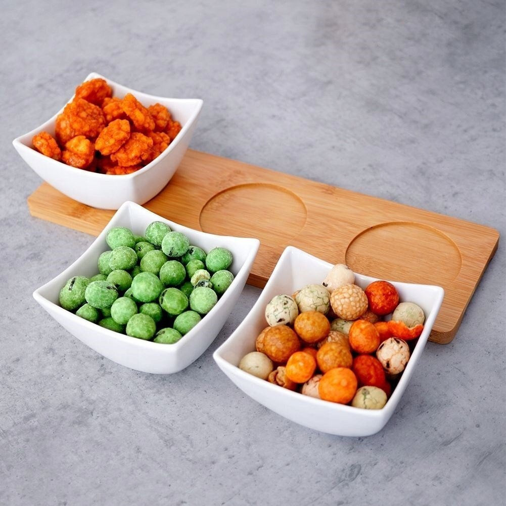 Excellent Houseware Porcelain Serving Set with Bamboo Tray White 4-Piece 210001440