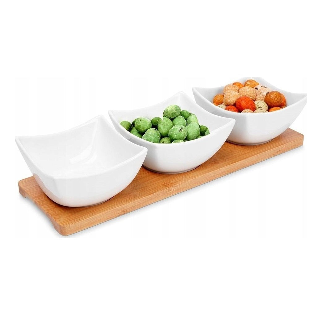 Excellent Houseware Porcelain Serving Set with Bamboo Tray White 4-Piece 210001440