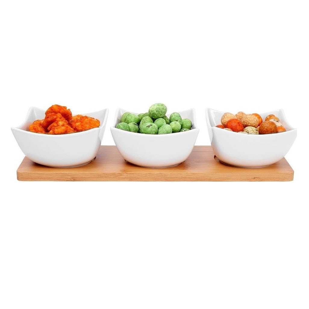 Excellent Houseware Porcelain Serving Set with Bamboo Tray White 4-Piece 210001440