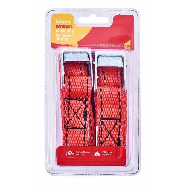 Amtech Tie Down Straps Red 25mm x 2.5Mtr Pack of 2 S0702 | 150Kg Load Capacity