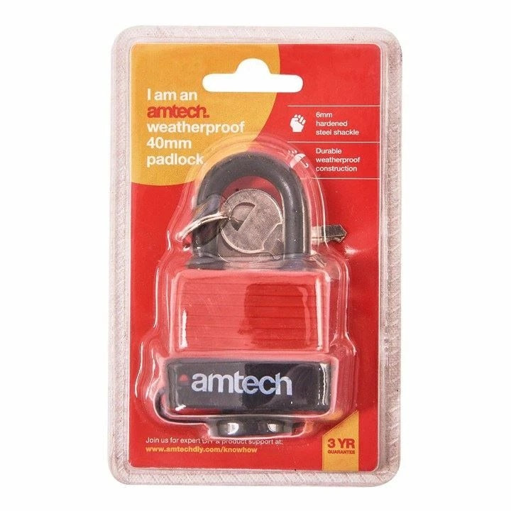 Amtech Weatherproof Padlock Red and Black 40mm T0745 | 6mm Hardened Steel Shackle | Durable Weatherproof Construction