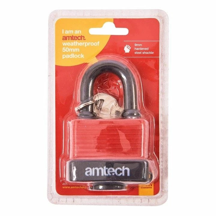 Amtech Weatherproof Padlock Red and Black 50mm T0750 | 9mm Hardened Steel Shackle