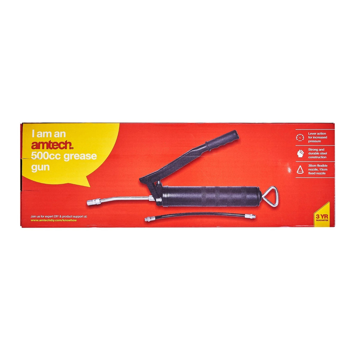 Amtech 500CC Grease Gun Black J2265 | Lever Action for Increased Pressure | Strong and Durable Steel Construction | 30cm Flexible Nozzle and 15cm Fixed Nozzle