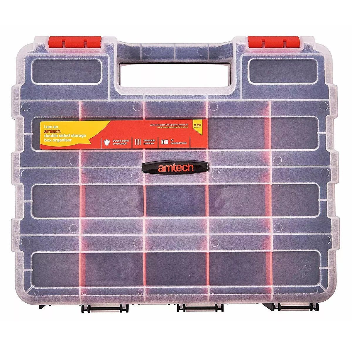 Amtech Double Sided Storage Box Organizer Multicoloured 8cm x 27cm x 32cm S6463 | Durable Plastic Construction | Adjustable Partitions | 34 Compartments