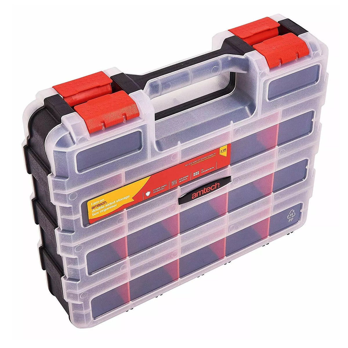 Amtech Double Sided Storage Box Organizer Multicoloured 8cm x 27cm x 32cm S6463 | Durable Plastic Construction | Adjustable Partitions | 34 Compartments