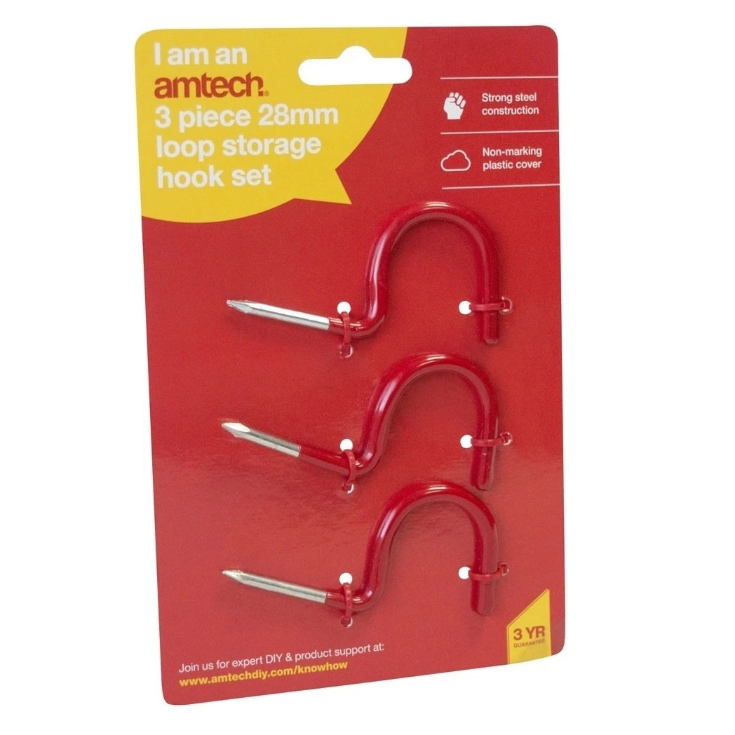 Amtech Loop Storage Hook Set Red 28mm Pack of 3 S6158 | Strong Steel Construction | Non Marking Plastic Cover