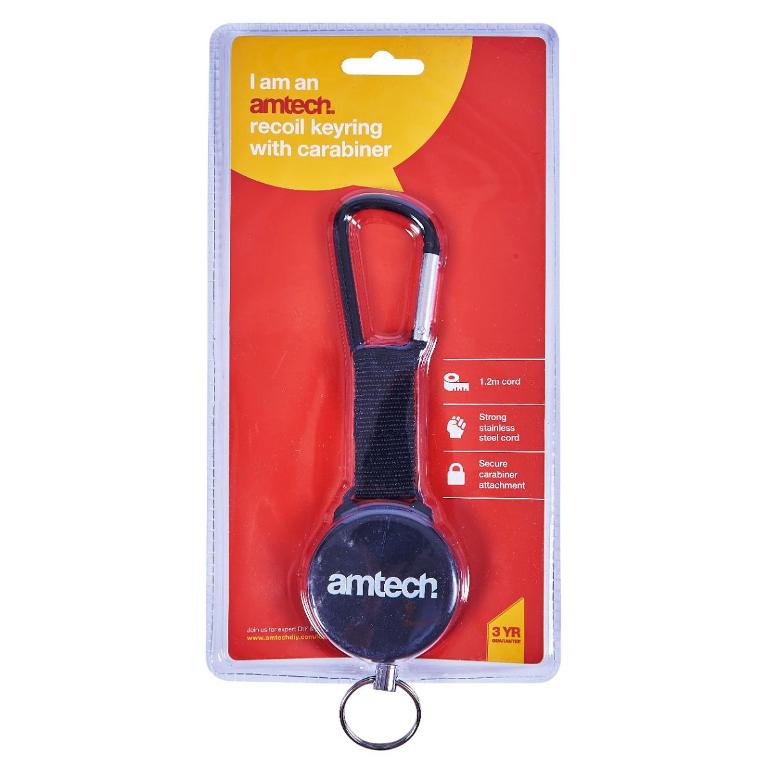 Amtech Recoil Keyring with Carabiner Black 1.2Mtr S6365 | Strong Stainless Steel Cord | Secure Carabiner Attachment