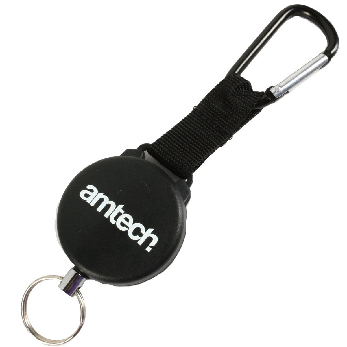 Amtech Recoil Keyring with Carabiner Black 1.2Mtr S6365 | Strong Stainless Steel Cord | Secure Carabiner Attachment