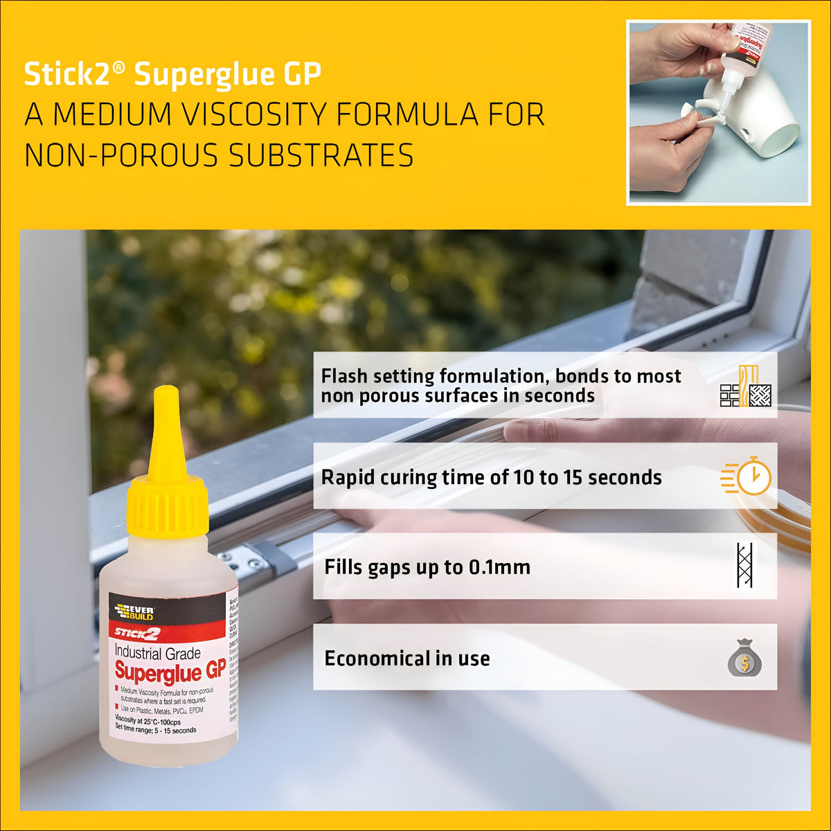 Ever Build Stick 2 Industrial Grade Superglue GP Clear 50g | Use on Plastic - Metals - PVCu - EPDM