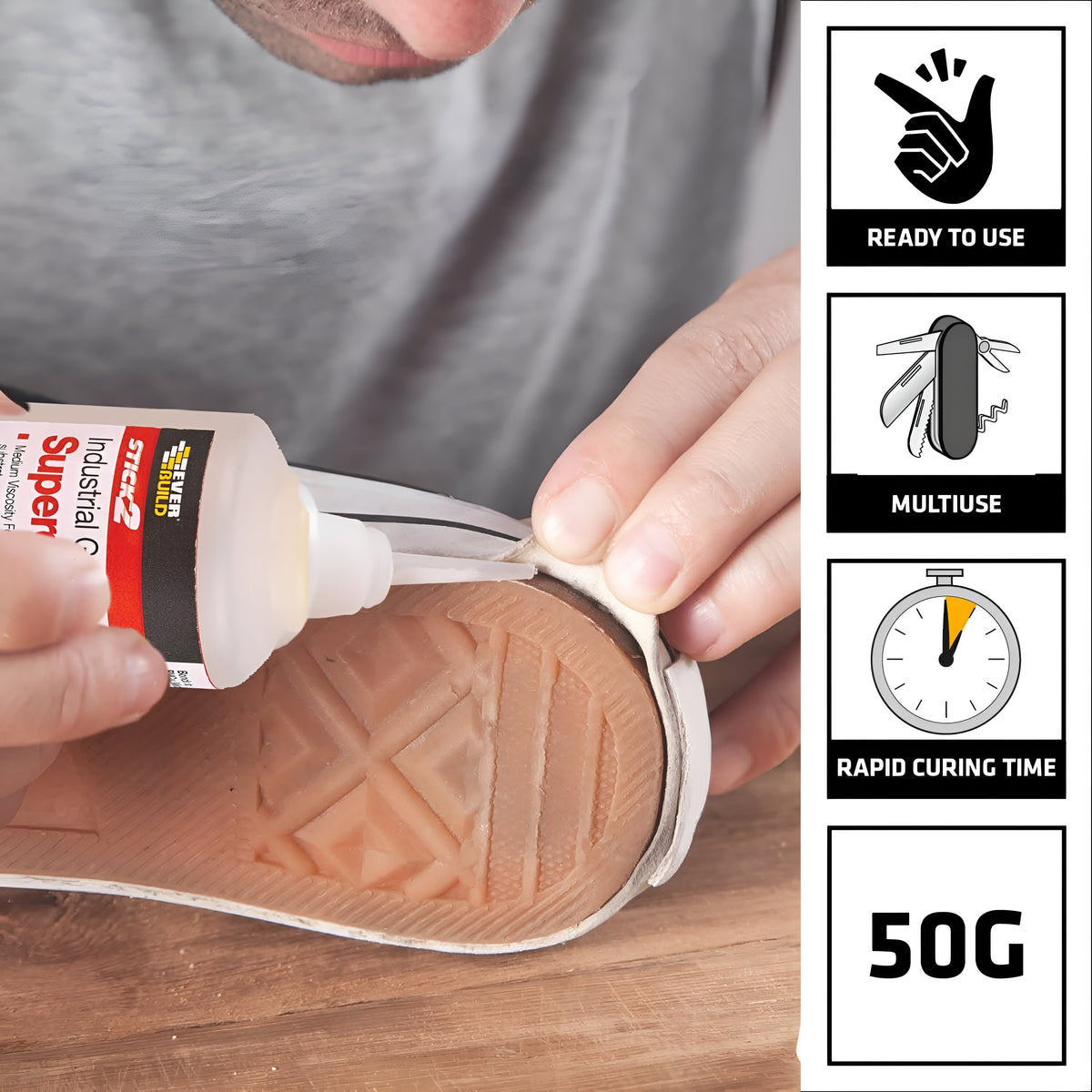 Ever Build Stick 2 Industrial Grade Superglue GP Clear 50g | Use on Plastic - Metals - PVCu - EPDM