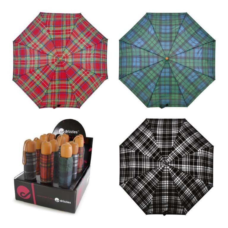 Drizzles Tartan Super Mini Folding Umbrella Assorted Colours Pack of 1 UU0027A | Wind-Resistance | Automatic Open and Close