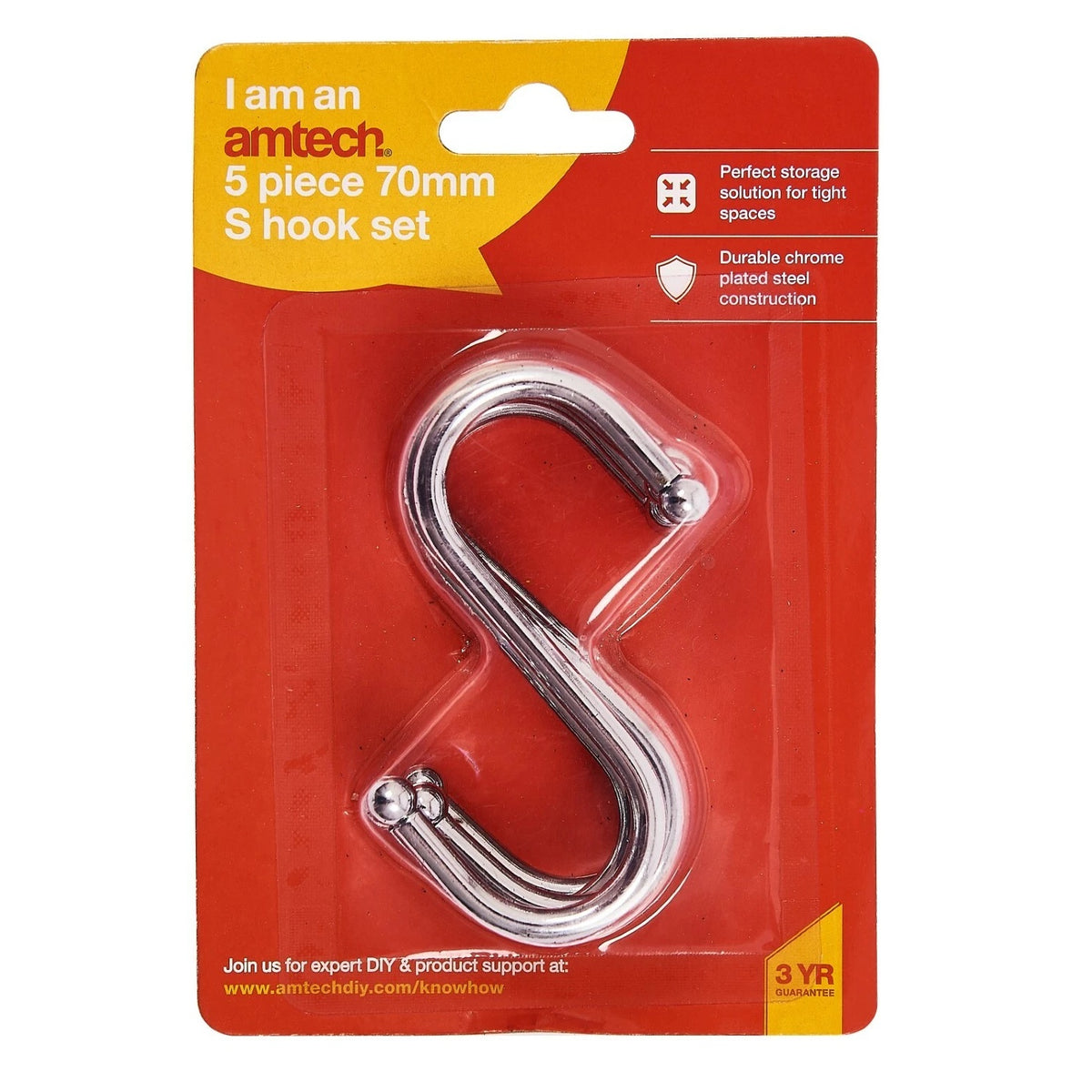 Amtech S Hook Set Chrome 70mm Pack of 5 S4295 | Perfect Storage Solution for Tight Spaces | Durable Chrome Plated Steel Construction