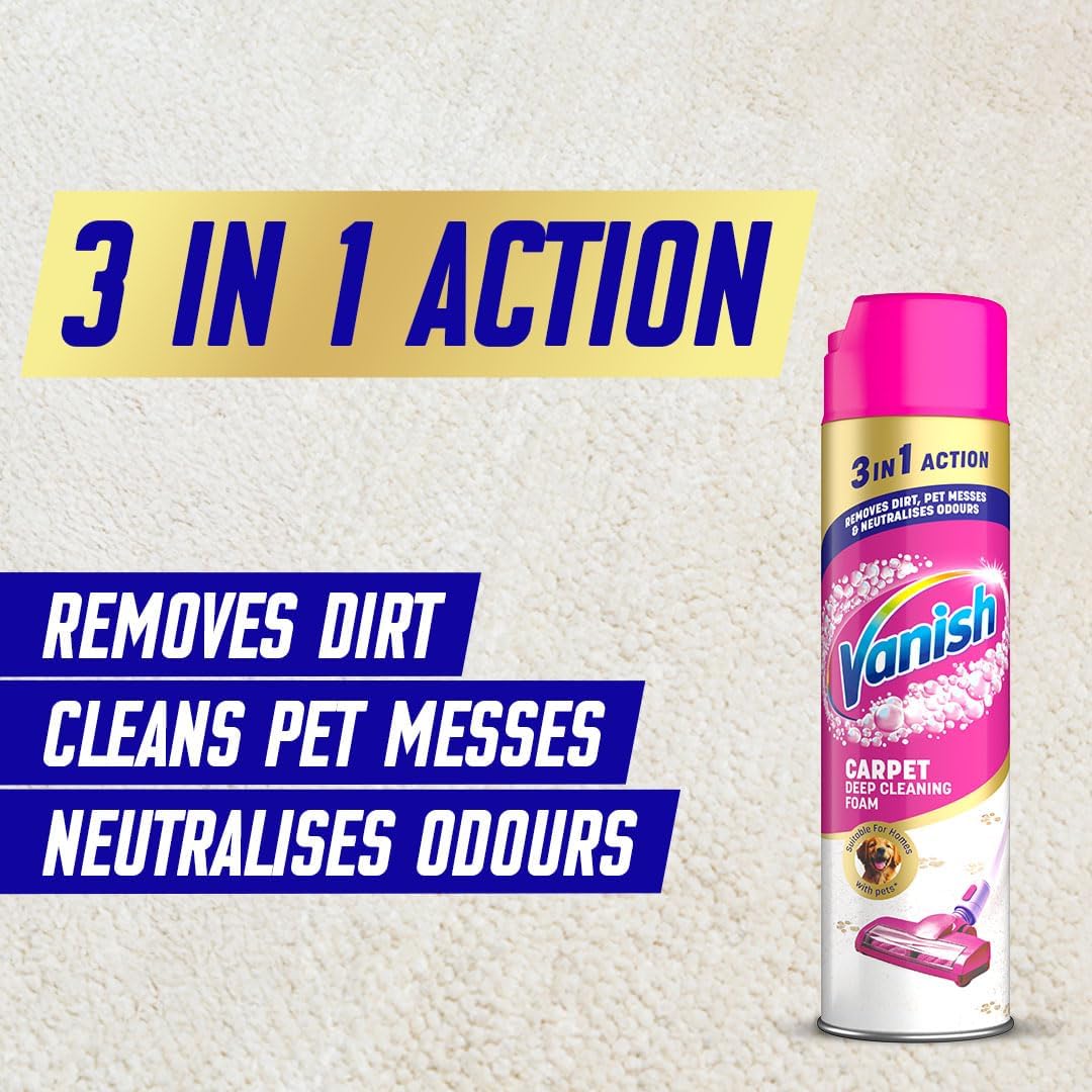 Vanish Carpet Deep Cleaning Foam Cleaner 600ml | 3 in 1 Action | Removes Dirt - Pet Messes and Neutralises Odours | Suitable for Homes with Pets