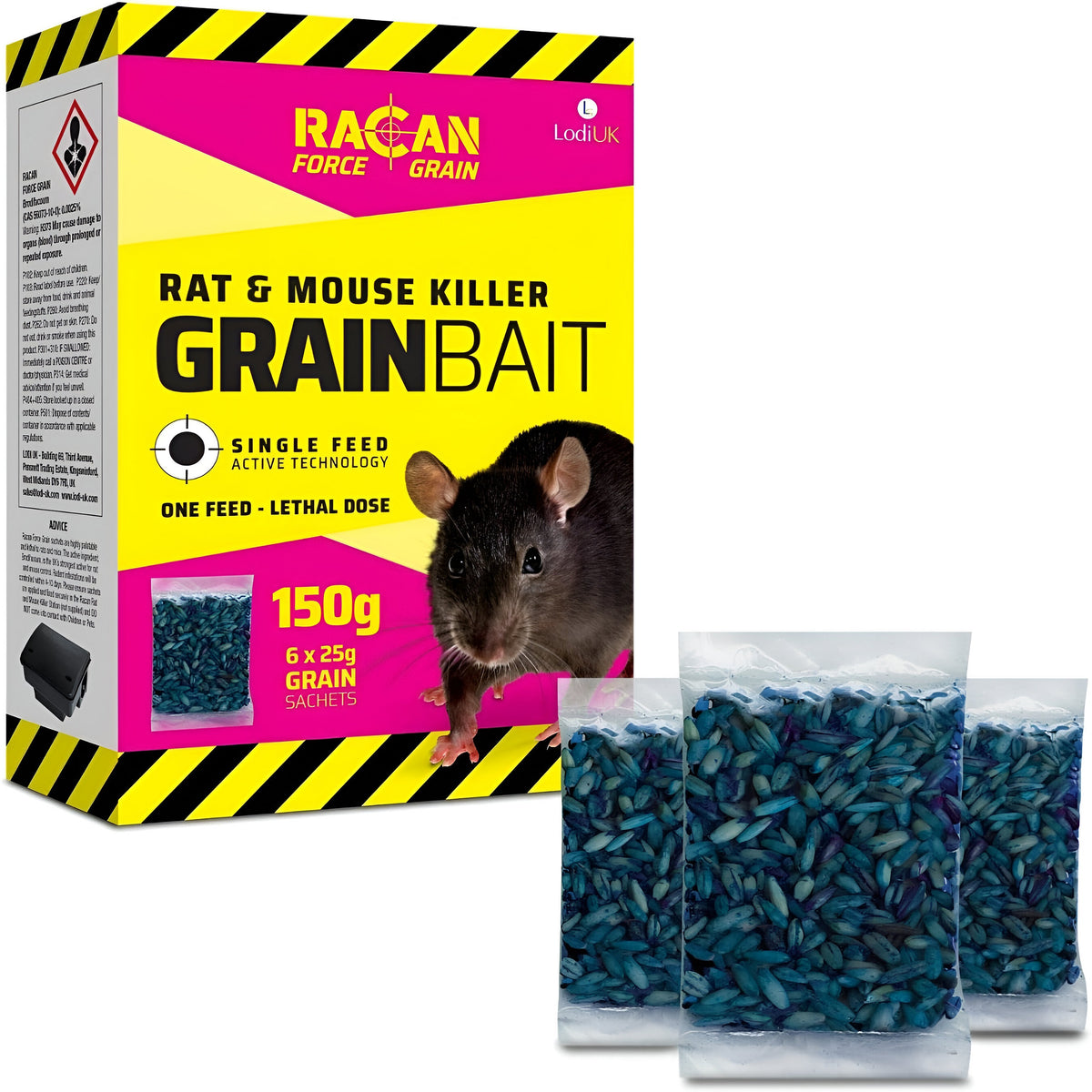Lodi UK Racan Rat and Mouse Killer Grain Bait Multicolour 150g Pack of 6 E4837 | Single Feed Active Technology | One Feed - Lethal Dose