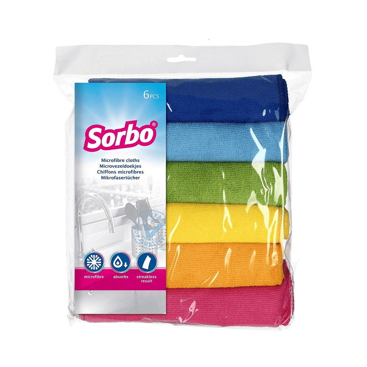 Sorbo Microfibre Cleaning Cloths Assorted Colours 40cm x 40cm Pack of 6 10S00039 | Super Absorbent and Streak-Free | Ideal for Kitchens-Bathrooms and Surfaces