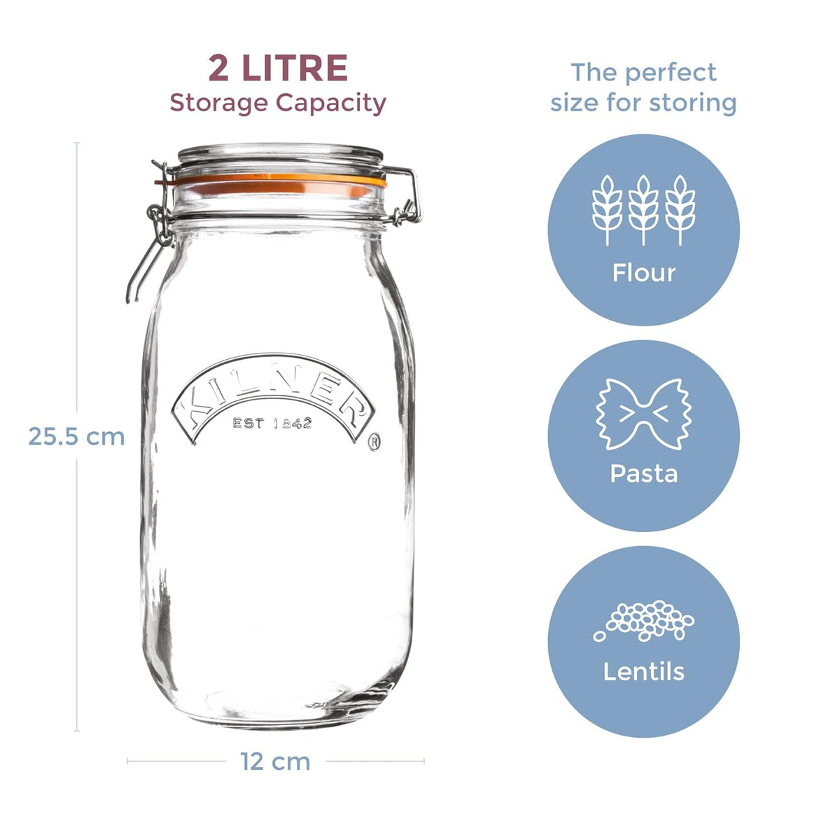 Kilner Round Clip Top Glass Storage Jar Clear 2L 0025.493 | Airtight Seal | Durable Glass | Ideal for Preserving-Pickling and Dry Food Storage