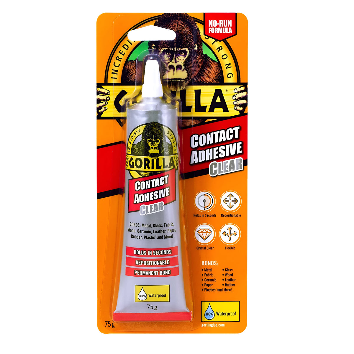 Gorilla Contact Adhesive Glue Clear 75g 3542 | Holds in Seconds | Repositionable | Permanent Bond | Waterproof | Bonds Metal - Glass - Fabric - Wood - Ceramic - Leather Paper - rubber - Plastic and More