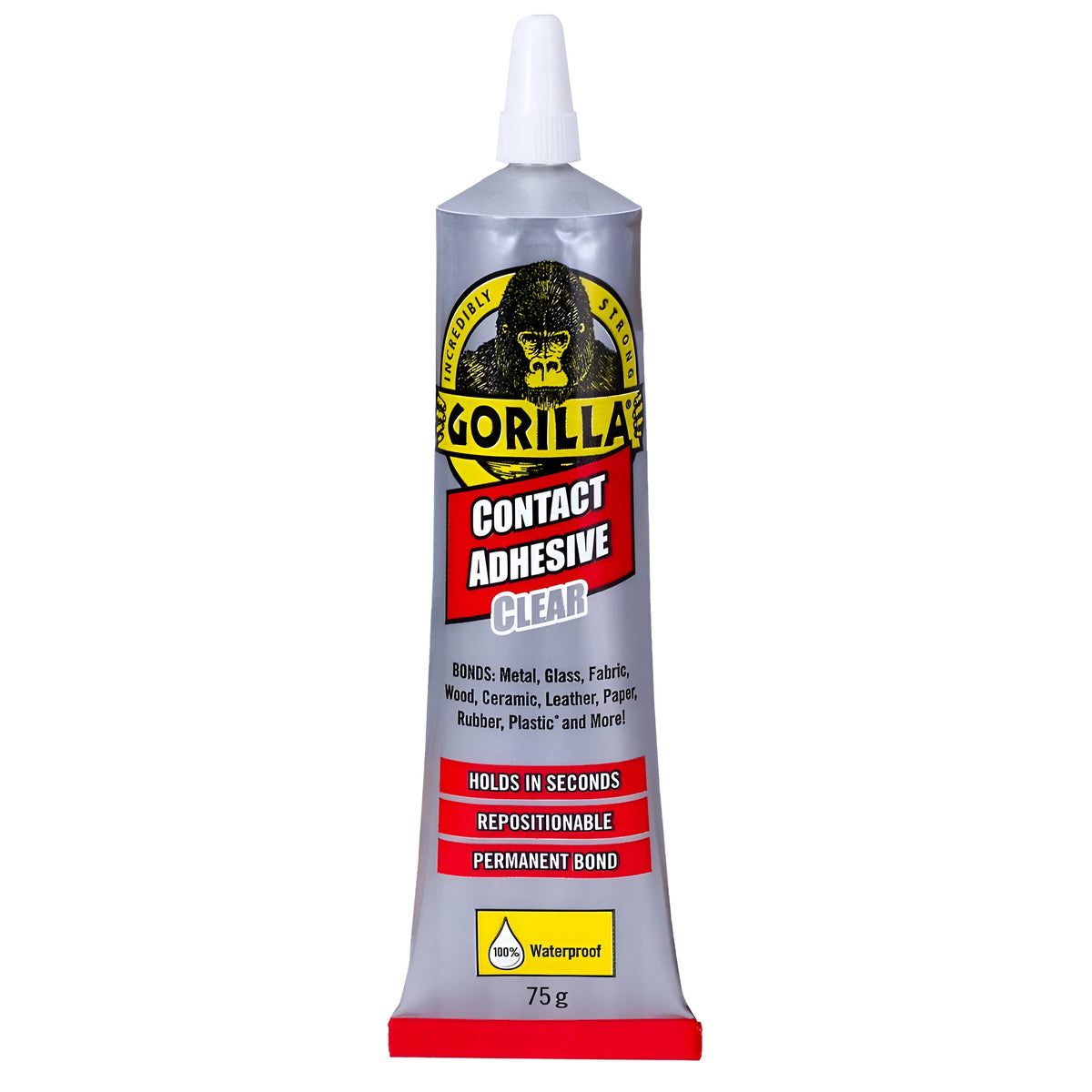 Gorilla Contact Adhesive Glue Clear 75g 3542 | Holds in Seconds | Repositionable | Permanent Bond | Waterproof | Bonds Metal - Glass - Fabric - Wood - Ceramic - Leather Paper - rubber - Plastic and More