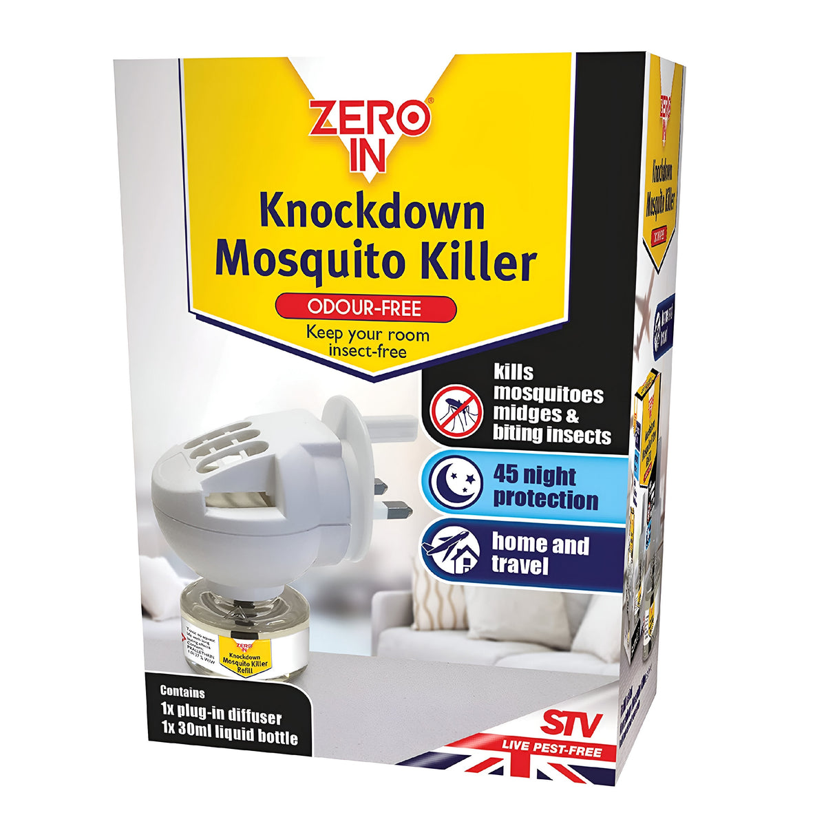 Zero In Knockdown Mosquito Killer Clear 30ml R176853 | Odour-Free | Keep your Room Insect-Free | Kills Mosquitoes Midges and Biting Insects | 45 Night Protection | Home and Travel | Pest-Free