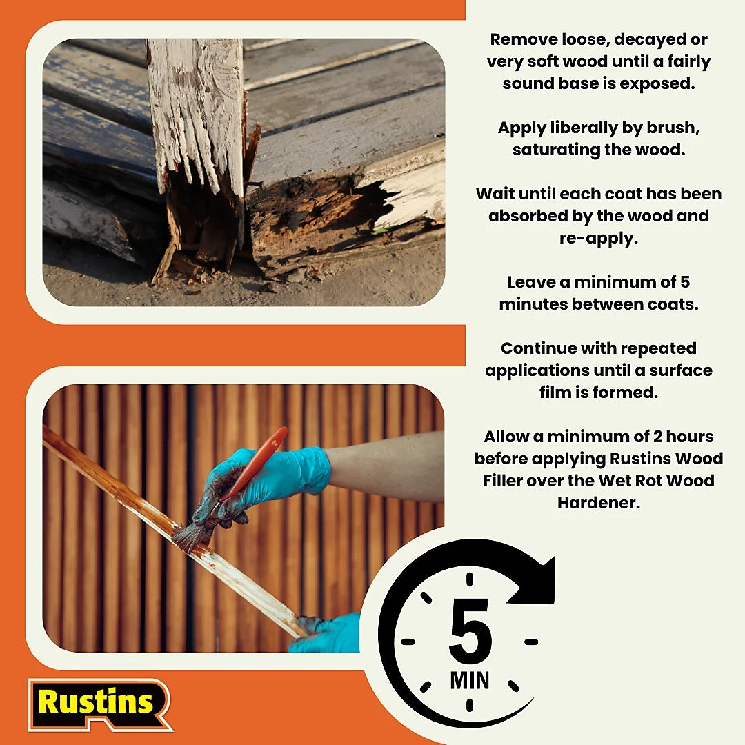 Rustins Wood Hardener Clear 250ml WDHD250 | For Rotted Wood | Suitable for Interior and Exterior Use