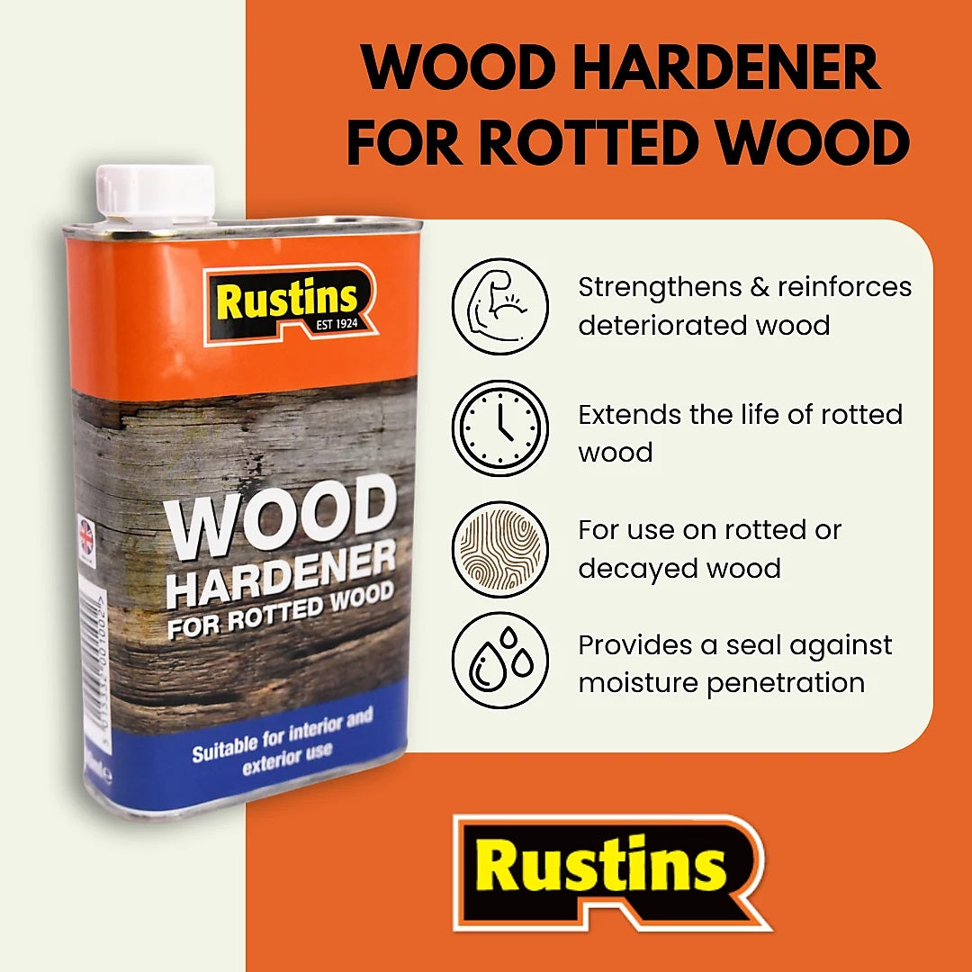 Rustins Wood Hardener Clear 250ml WDHD250 | For Rotted Wood | Suitable for Interior and Exterior Use