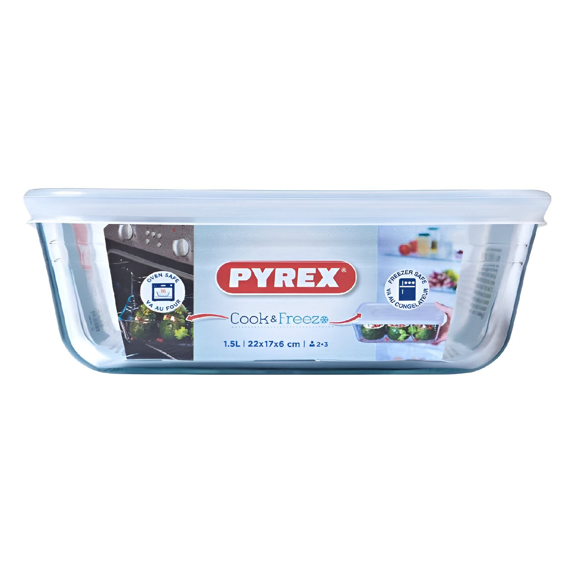 Pyrex Rectangular Dish With Plastic Lid Transparent 1.5Ltr 22cm x 17cm x 6cm 242P000 | Cook and Freeze | Freezer Safe | Oven Safe