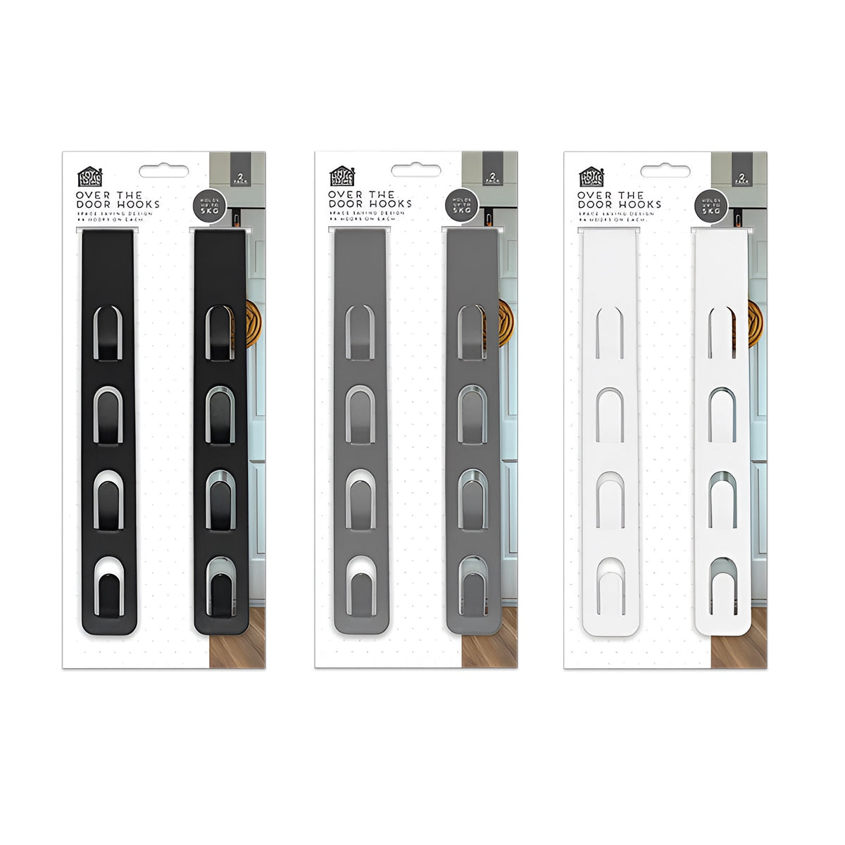 My House and Home Over the Door Hooks Assorted Colours Long Pack of 2 HOM11799OB | Space Saving Design | X4 Hooks on Each | Holds upto 5Kg